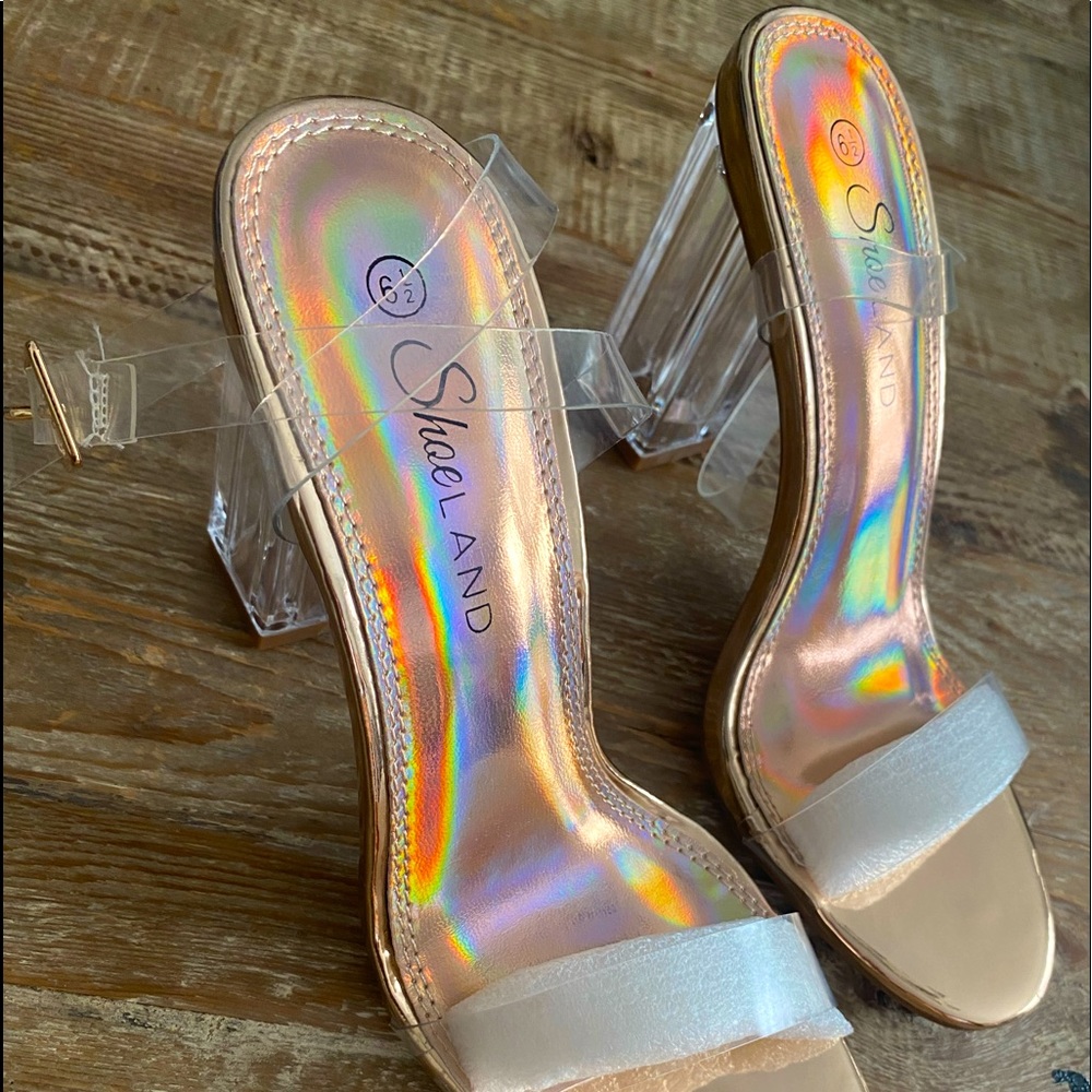 Clear Rose Gold Block Heel Sandal